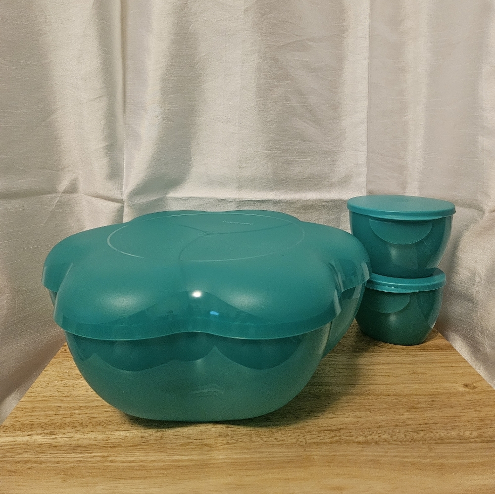 Tupperware Teal Chip N Dip/Salad Set Divided Tray Scalloped Dish Bowl 4624A